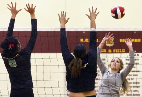 On to Round 2 in Division 5 Central Section Volleyball Playoffs for Crusaders The Crusaders' Lacie Rose scores over Kennedy High in Thursday's first-round Central Section playoff match at Kings Christian High School.